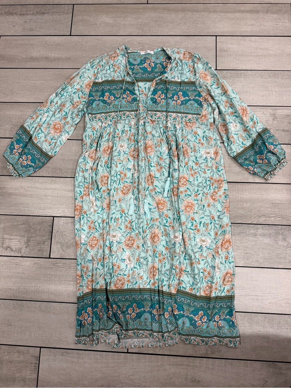 Womens ' Floral Boho Dress in Aqua with Teal Accents